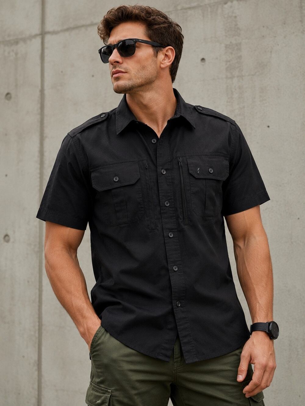 Propper Men’s Tactical Shirt L Black Short Sleeve Ripstop Zip Front Utility